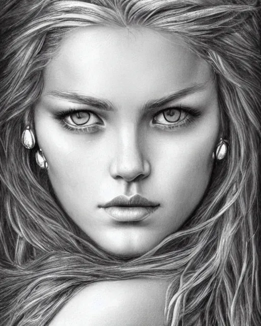 Image similar to pencil drawing of a beautiful greek goddess aphrodite with arrowhead earrings, beautiful piercing eyes, beautiful blonde hair, hyper realistic face, in the style of greg rutkowski, fantasy, amazing detail, epic, elegant, smooth, sharp focus, from the front