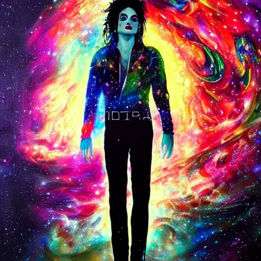 Image similar to painting of Michael Jackson posing in a cosmic scenic environment by Android Jones, trending on Artstation, hyperdetailed, beautiful, stars, planets, nebula, medium shot, mid-shot