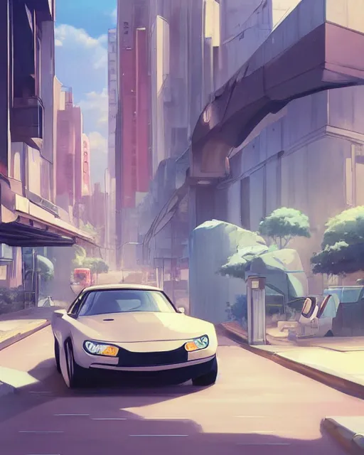 Image similar to a car driving down a street under a bridge, an album cover by makoto shinkai and by edward okun and by sengai, cgsociety, altermodern, anime aesthetic, official art, cinematic