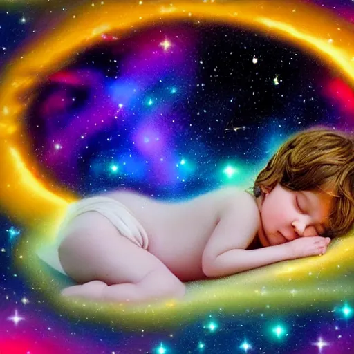 Prompt: child curled up sleeping on a star in the galaxy dreamy colors surreal multimedia soft edges ethereal