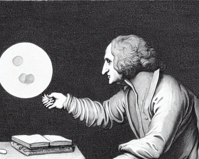 Image similar to isaac newton holding an apple in his hands and looking at the moon