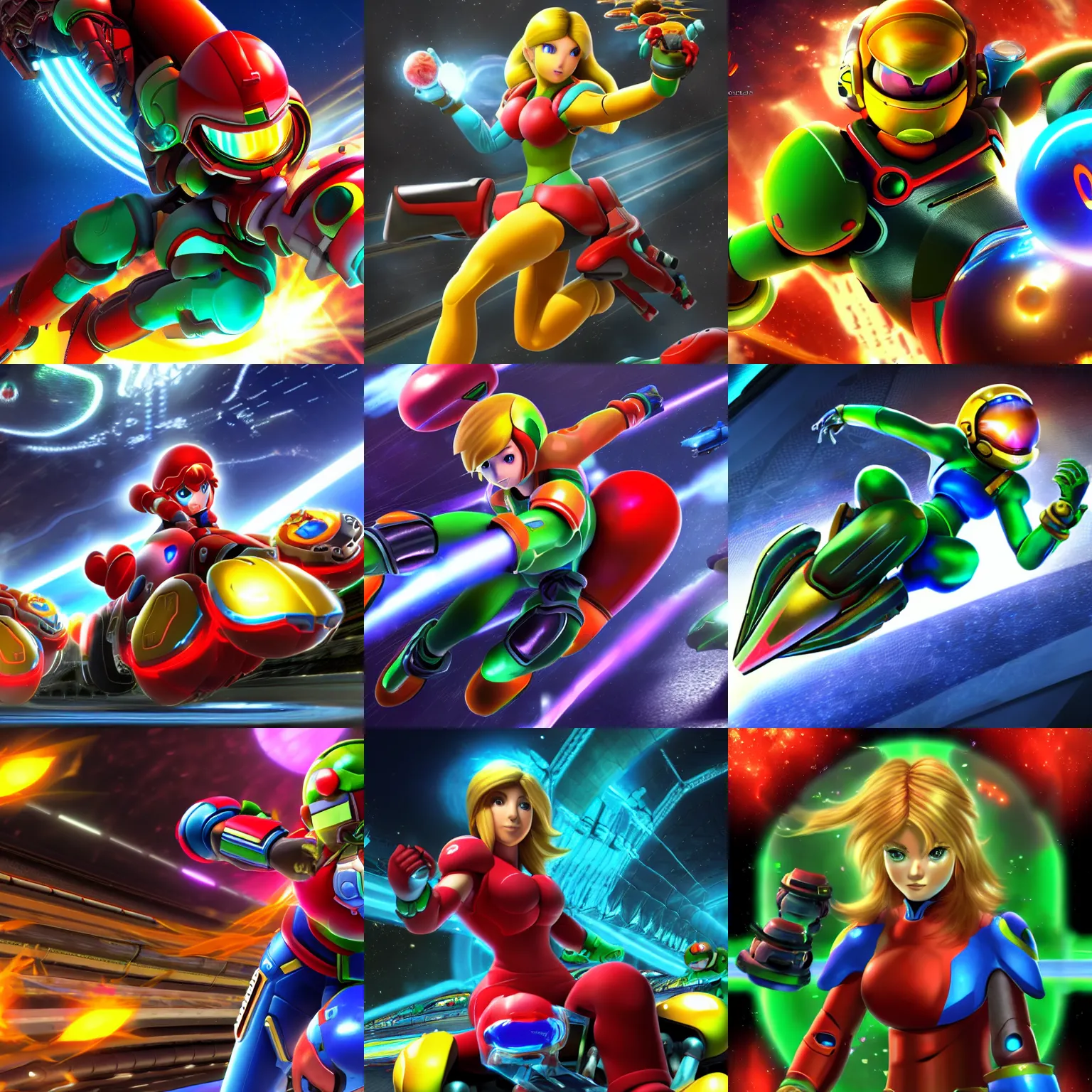 Prompt: Samus Aran from Metroid Dread in Mario Kart 8, 4k ultra hd, digital art