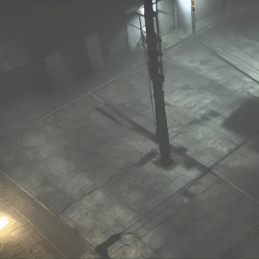 Image similar to playstation 5 screenshot of silent hill, overhead view, hyper realistic