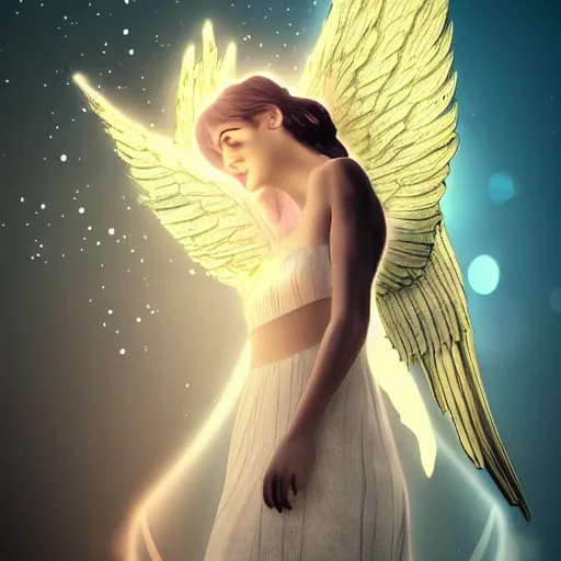 Image similar to portrait of a female angel, wings, concept art, bokeh, light mode, 3 2 k, angelic, rays of shimmering light