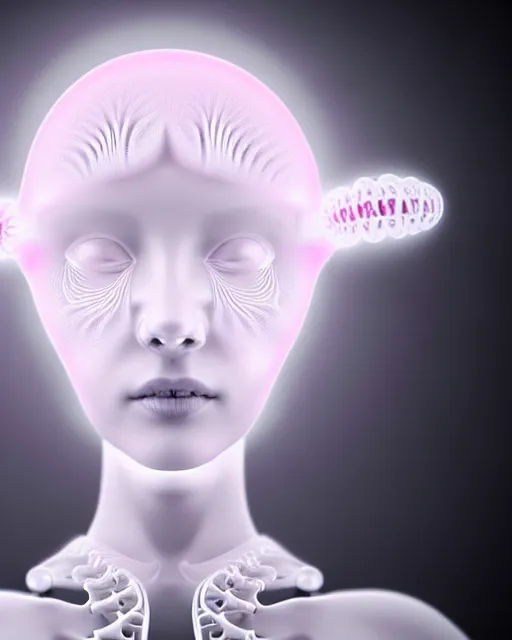 Image similar to white background, halo, dreamy foggy elegant soft luminous profile face 3 d render of a beautiful young baby pink biomechanical - female - cyborg with a delicate detailed black mandelbrot fractal texture skin and a very long neck with white gothic pearl embroidered collar, white smoke atmosphere, hg giger, 8 k