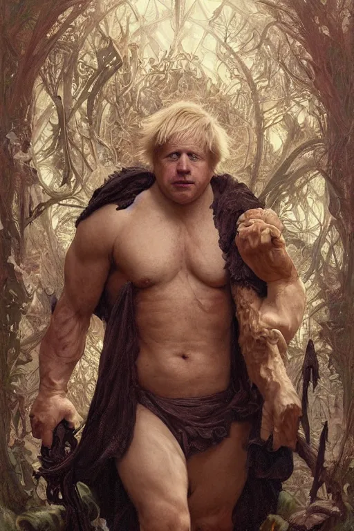 Image similar to portrait of boris johnson as a very pale hulking herculean demon, forest, godlike, full body, fantasy, intricate, elegant, highly detailed, digital painting, artstation, concept art, sharp focus, illustration, art by artgerm and greg rutkowski and alphonse mucha