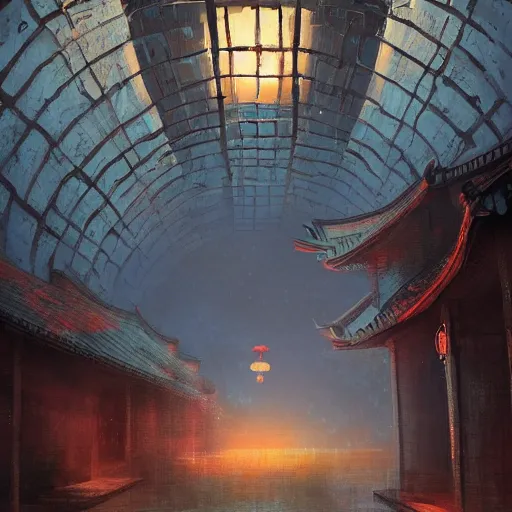 Image similar to a chinese prison at night lit by the stars, wispy smoke, highly detailed, very intricate, symmetrical, cinematic lighting, award - winning, painted by mandy jurgens, peter doig, dystopian, bold colors, dark vibes, anime aesthetic, featured on artstation