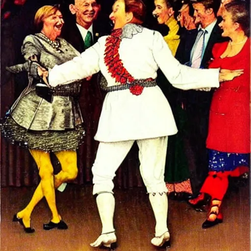 Image similar to angela merkel wearing a jester outfit, dancing for vladimir putin, artist norman rockwell,