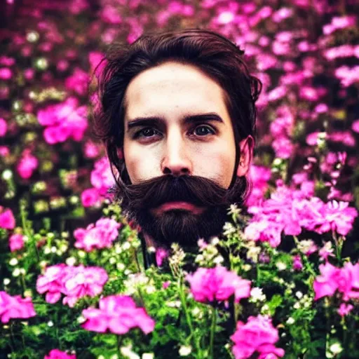 Image similar to photo portrait of a man with a moustache standing in front of flowers, tumblr contest winner, aestheticism, masculine, aesthetic