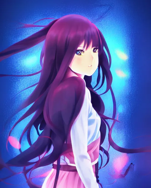 Image similar to anime style, vivid, expressive, full body, 4 k, painting, a cute magical girl with a long wavy black hair, stunning, realistic light and shadow effects, centered, simple background, studio ghibly makoto shinkai yuji yamaguchi