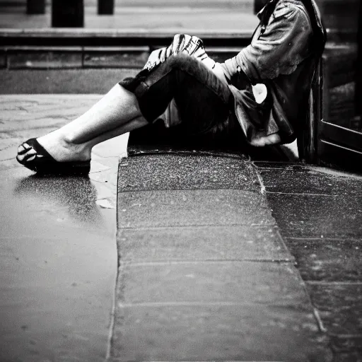 Image similar to black and white fashion photograph, highly detailed portrait of a depressed white drug dealer sitting on a bench on a busy Paris street, looking into camera, eye contact, natural light, rain, mist, lomo, fashion photography, film grain, soft vignette, sigma 85mm f/1.4 1/10 sec shutter