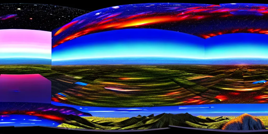 Image similar to equirectangular panorama landscape multiverse, trending on artstation, cinematic composition, beautiful lighting, hyper detailed, 8 k, oil on canvas