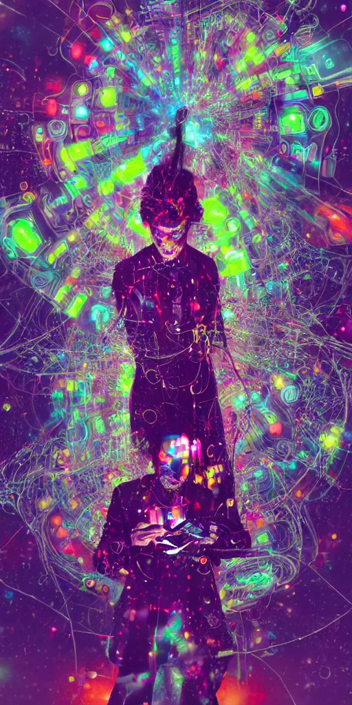 Image similar to man becomes controlled by a smartphone he gazes at while he played like a marionette, puppet, intricate complexity, horror, psychedelic glitch art, rainbow drip paint, trending on art station, photoreal, 8k, octane render