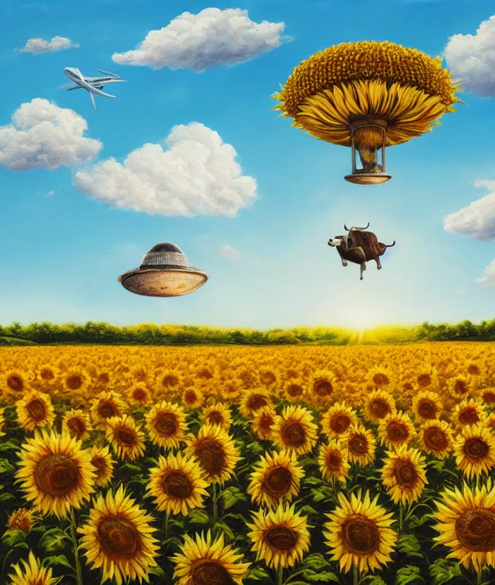 Image similar to a highly detailed painting of a sunflower field and an ufo abducting a cow, very fine brush strokes, baby blue sky with aesthetic clouds, 4 k,