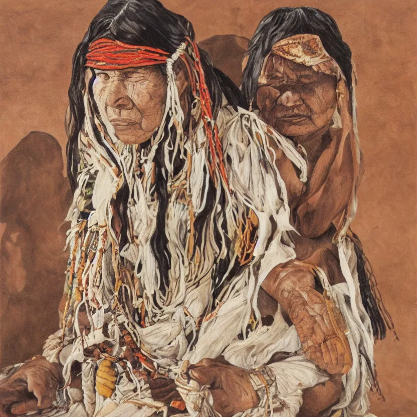 Image similar to full body shot picture of indigenous people woman leader in desert, painted by lucian freud, hd, super detailed, realistic, muted colors