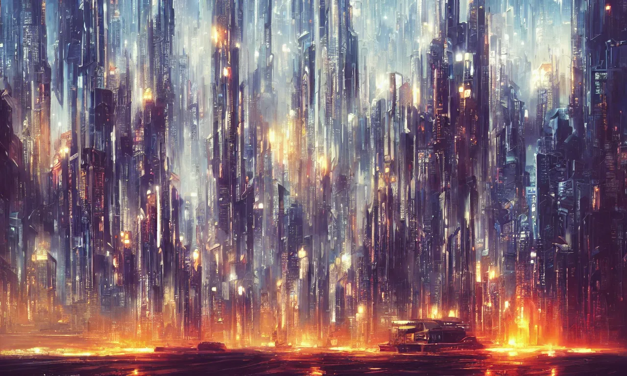 Image similar to an epic painting megapolis, oil on canvas, cold colors, perfect composition, golden ratio, beautiful detailed, photorealistic, digital painting, artstation, concept art, smooth, sharp focus, illustration, cyberpunk background, artstation trending, octane render, unreal engine