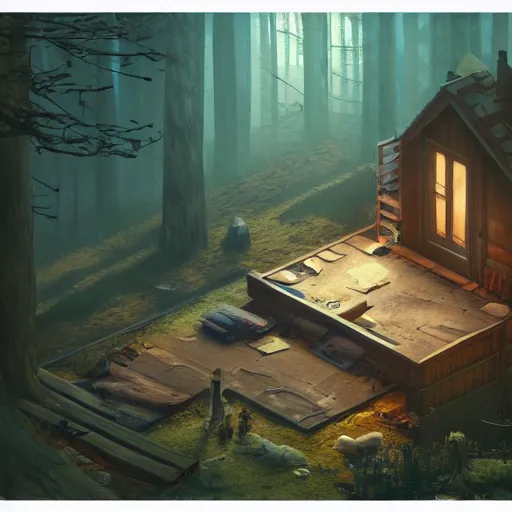 Image similar to concept art of an inside of a cabin in the woods, isometric view, detailed, volumetric lighting, style of greg rutkowski