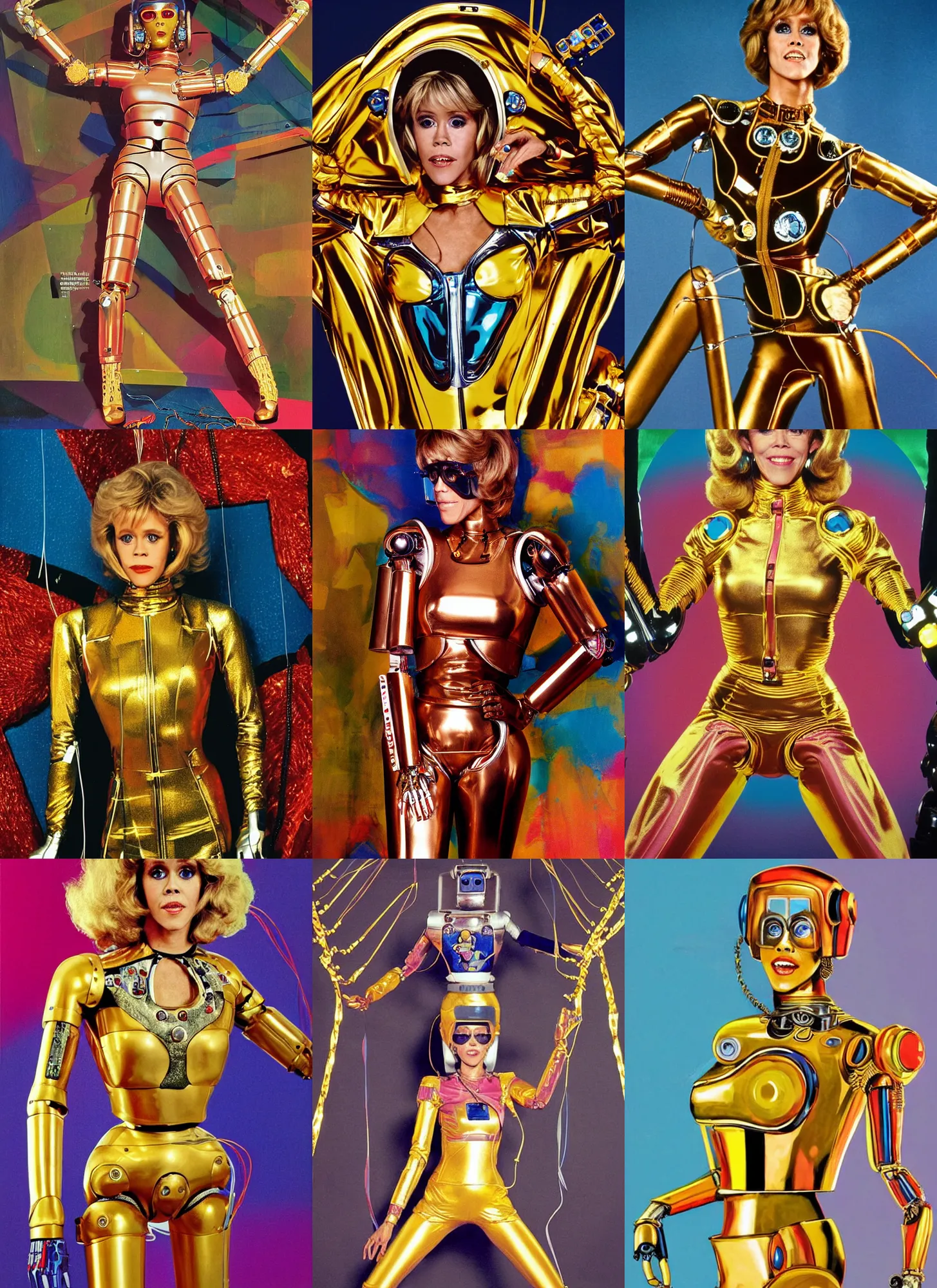 Prompt: jane fonda as chromatic robot in an aerobic 8 0 er outfit with golden colors and wires hanging from the body, retro, vintage, art by julian del rey, david la chapelle, philip castle