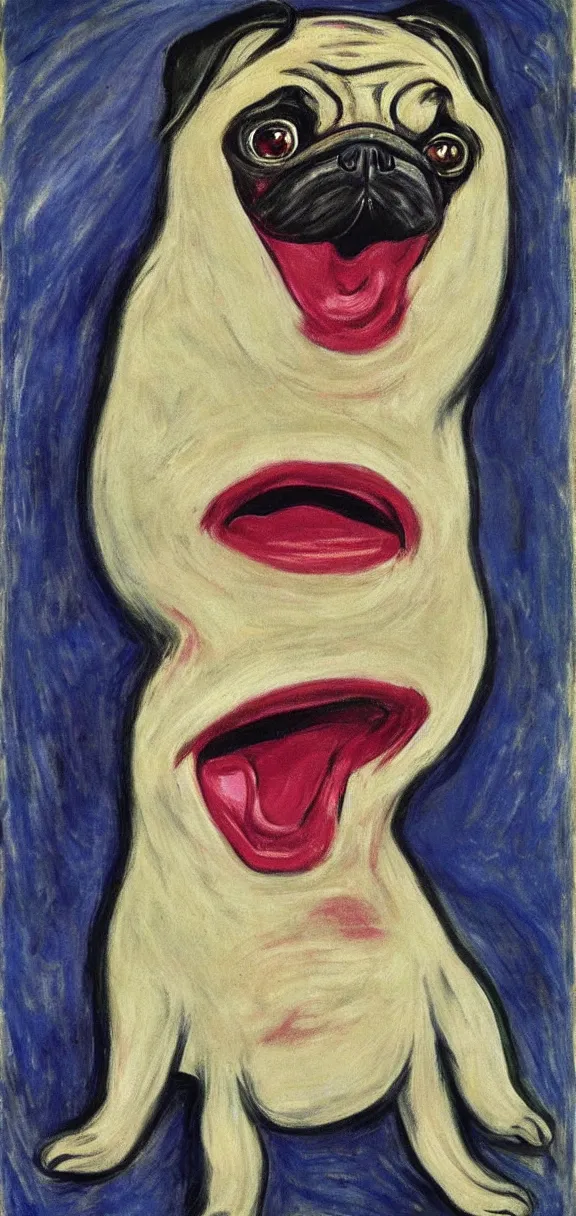 Image similar to a mouth-opened pug in shock , in the Style of The Scream , painted by Edvard Munch