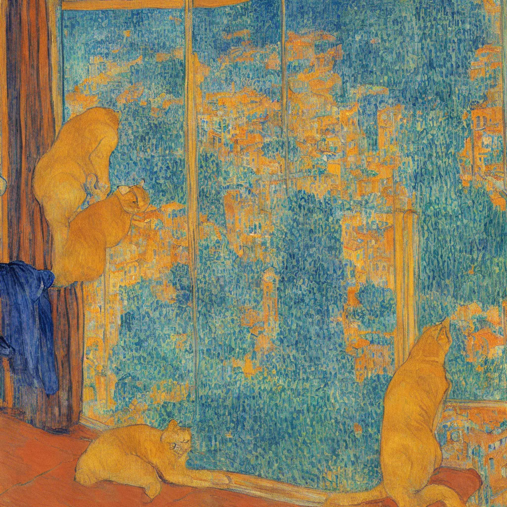 Image similar to woman and golden cat with italian city with gardens seen from a window frame with curtains. dark indigo blue, turquoise, gold, earth brown. sunset. bonnard, henri de toulouse - lautrec, utamaro, matisse, monet