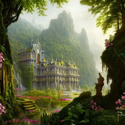 Image similar to a beautiful and highly detailed matte painting of an epic palace in a magical fantasy garden in a lush forest in the mountains, intricate details, epic scale, insanely complex, hyperdetailed, artstation, cgsociety, 8 k, sharp focus, hyperrealism, by caspar friedrich, albert bierstadt, james gurney, brian froud,