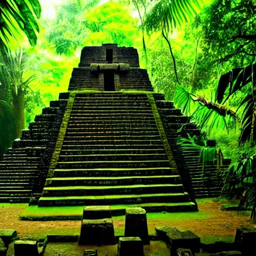 Prompt: a photo of a aztec temple in a rainforest