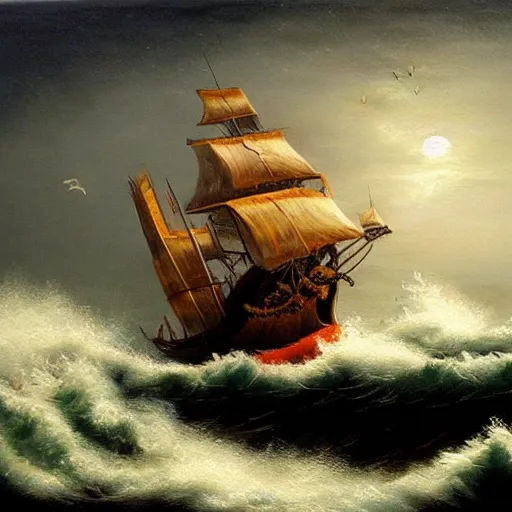 Prompt: pirate ship at sea, rolling waves, masterful oil painting