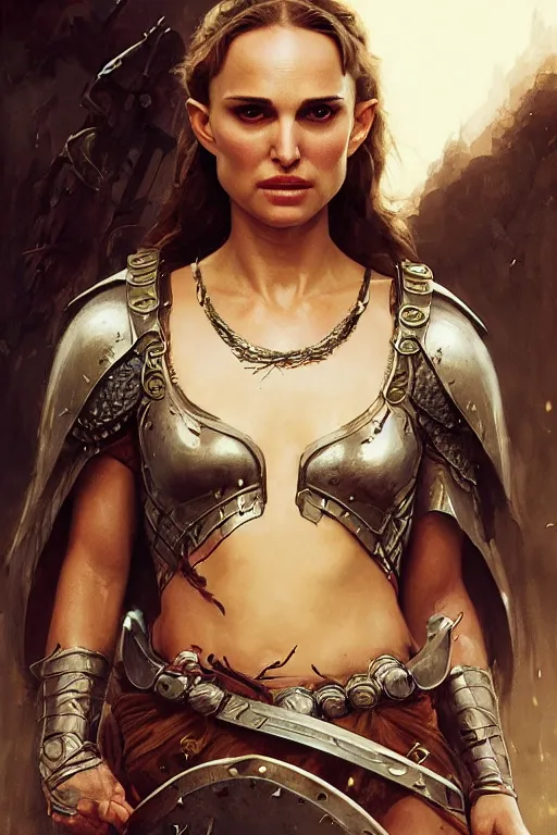 Image similar to natalie portman, legendary warrior, heroic, lord of the rings, tattoos, decorative ornaments, battle armor, by carl spitzweg, ismail inceoglu, vdragan bibin, hans thoma, greg rutkowski, alexandros pyromallis, perfect face, fine details, realistic shading photorealism