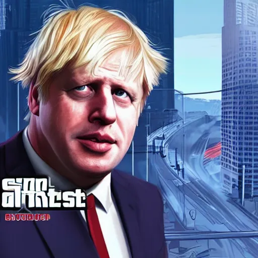 Image similar to Boris Johnson in GTA V, cover art by Stephen Bliss, boxart, loading screen