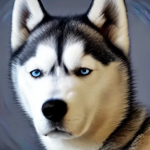 Image similar to a husky wearing a black jacket with blue eyes