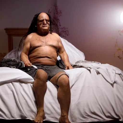 Image similar to Danny DeVito on a bed with The Predator, cinematic, studio light, 8K,