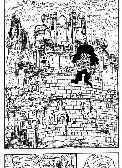 Image similar to detailed children's comic book drawing of a ( cute ogre ) looking at a ( stronghold castle ) by jack kirby!!! and gris grimly, cinematic, epic, awesome bright color palette, hard contrast, black ink outlines