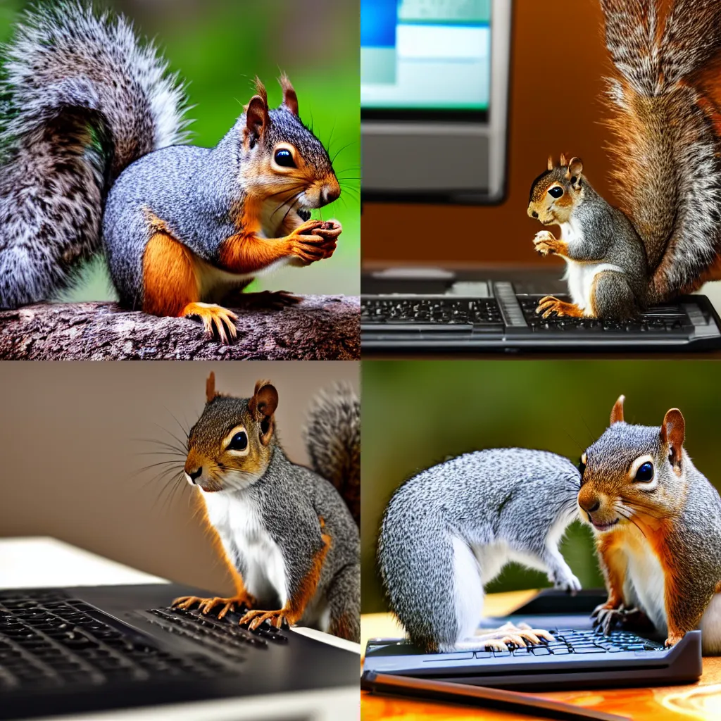 Prompt: Photo of a squirrel programming a computer