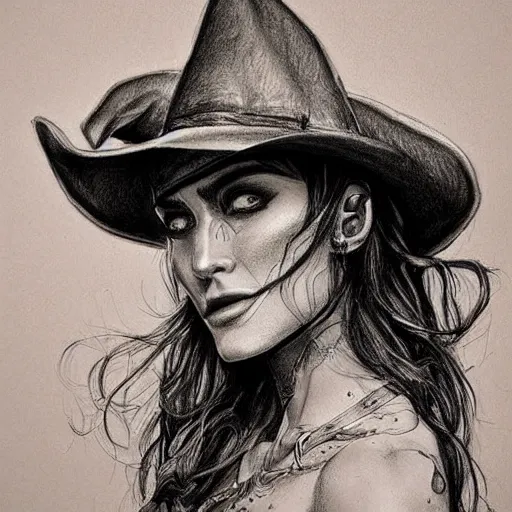 Image similar to beautiful cowboy witch, wild west, detailed, concept art, pencil drawing, trending on artstation