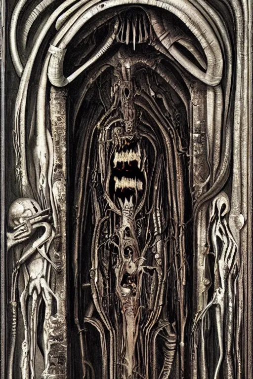 Image similar to the great door of hell, intrincate details, flesh and blood, painted by h. r. giger