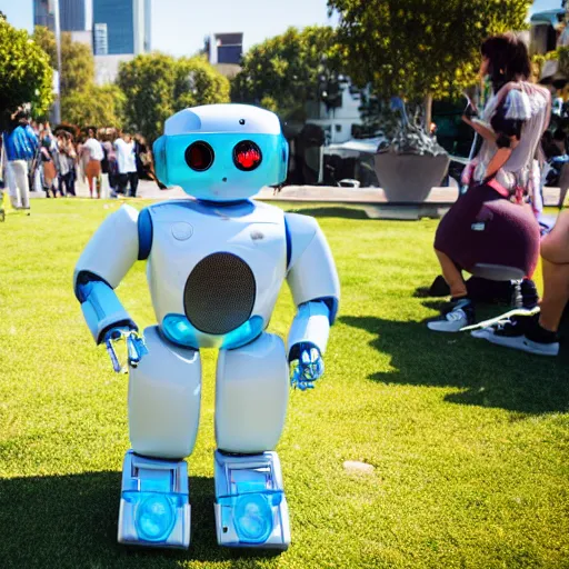 Prompt: LOS ANGELES, CA July 7 2025: Open Source Self-Aware Robot Convention, Cute Robot Wearing Blue Cape