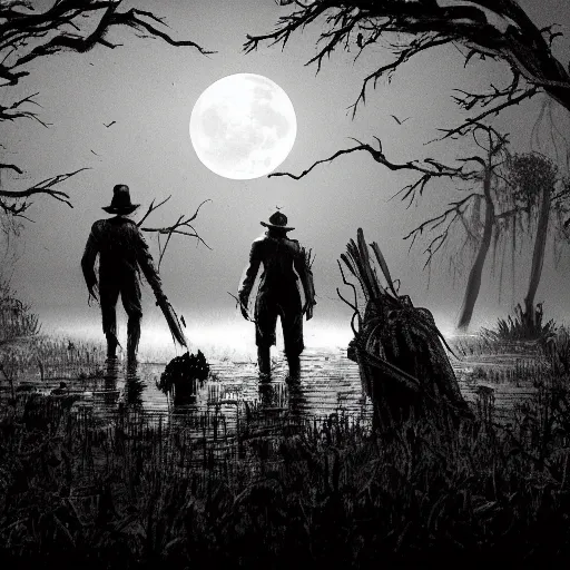 Image similar to hunters from hunt showdown walking across a swamp at night, horror scene, moon light, bayou, silence,