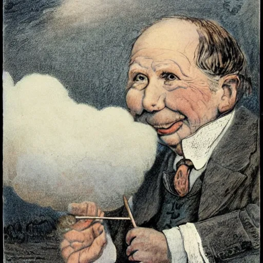 Image similar to candid portrait of white ball with a human face smiling wide, surrounded by clouds, illustrated by peggy fortnum and beatrix potter and sir john tenniel