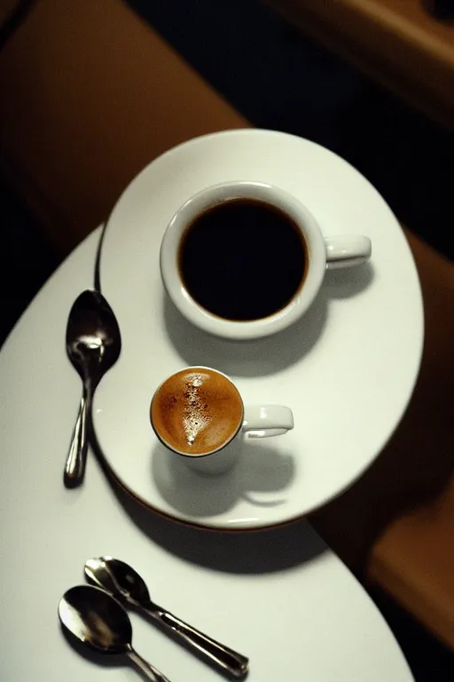 Image similar to a cup of coffee sitting on top of a white table diner booth, high angle, a hyperrealistic photo by IAN SPRIGGS, flickr, conceptual art, photo taken with ektachrome, photo taken with provia, kodak portrait