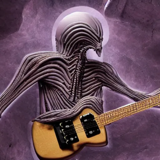 Prompt: a guitar being played by an alien in a cave in the style of H.R Giger