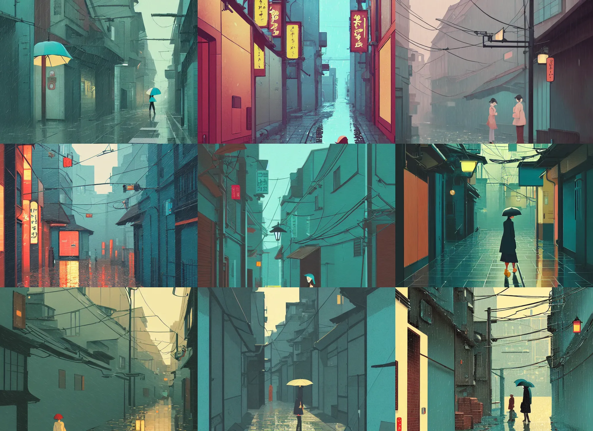 Prompt: tokyo alleyway, rainy day, single person with umbrella, by cory loftis, atey ghailan, makoto shinkai, hasui kawase, james gilleard, beautiful, serene, peaceful, lonely, teal tones, golden curve composition