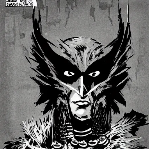 Prompt: dark shaman wearing Raven mask retro comic art by ashley wood , 4K post processing