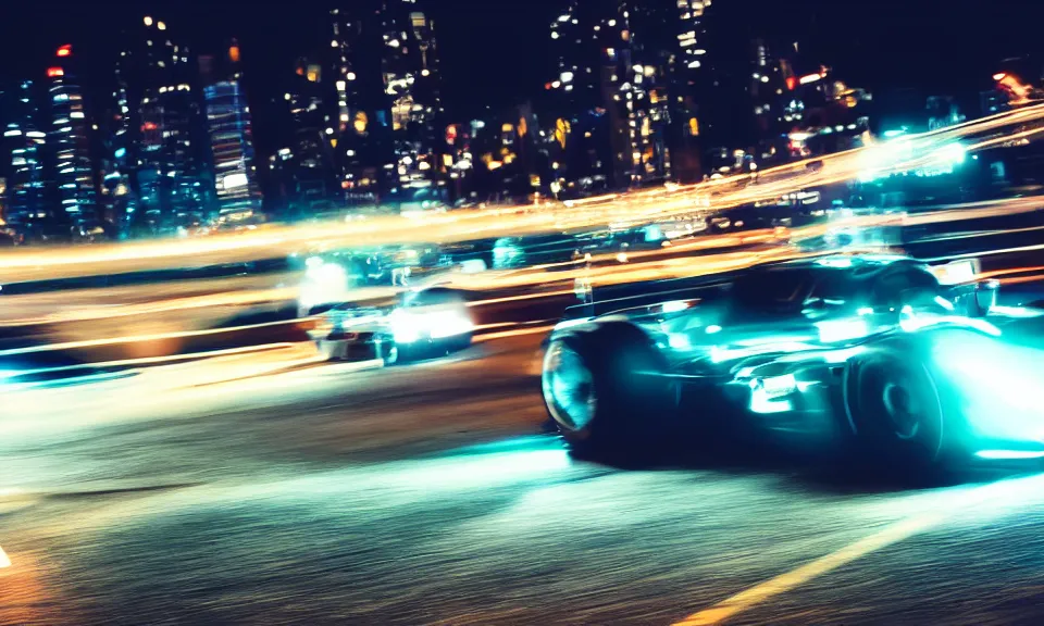 Prompt: photo of racing car at night driving fast through a city, cinematic, 4k, 8k, UHD long exposure photography, Tokyo drift, fast and furious, film still, night photography, motion blur, lens flare, movie shot, analog camera, panning