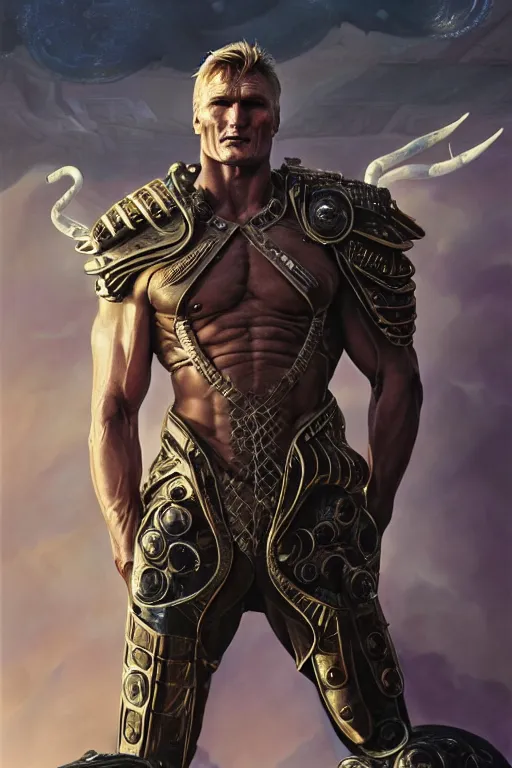 Prompt: dolph lundgren as an alien gladiator, sci - fi, fantasy, intricate, artstation, full body, concept art, smooth, sharp focus by huang guangjian and gil elvgren and sachin teng, 8 k