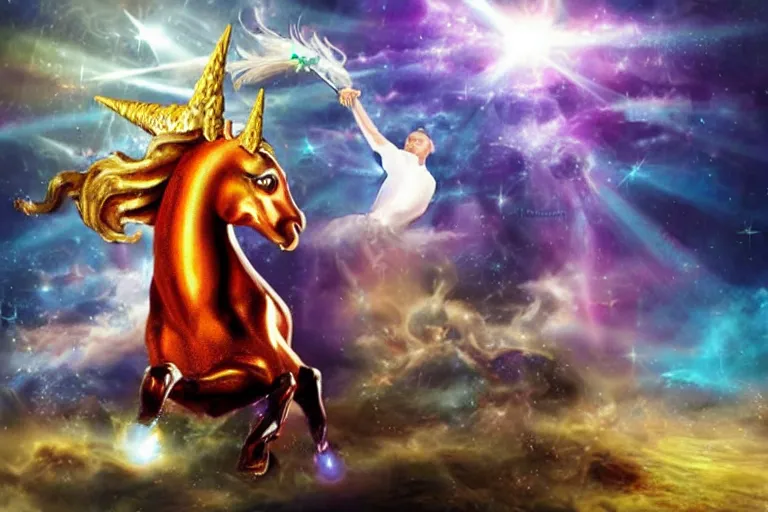 Image similar to cheesy unicorn impales man on bloody horn, airbrush, sparkles, dynamic lighting