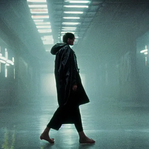 Image similar to cinematic portrait of a runaway replicant with tribal facepaint and a plastic raincoat in an empty room, still from the movie bladerunner, fashion photography