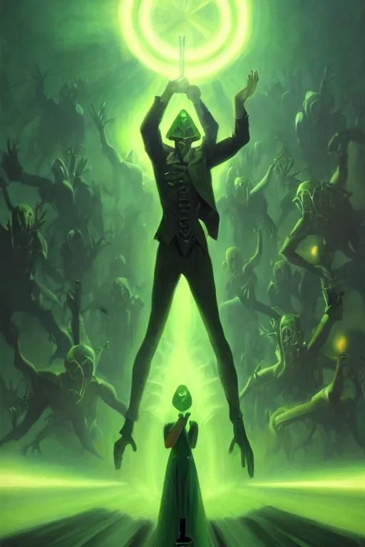 Prompt: the dark magician directs an army of the undead to the light one in a green acid fog, futurism, painting by greg rutkowski, j. c. leyendecker, artgerm