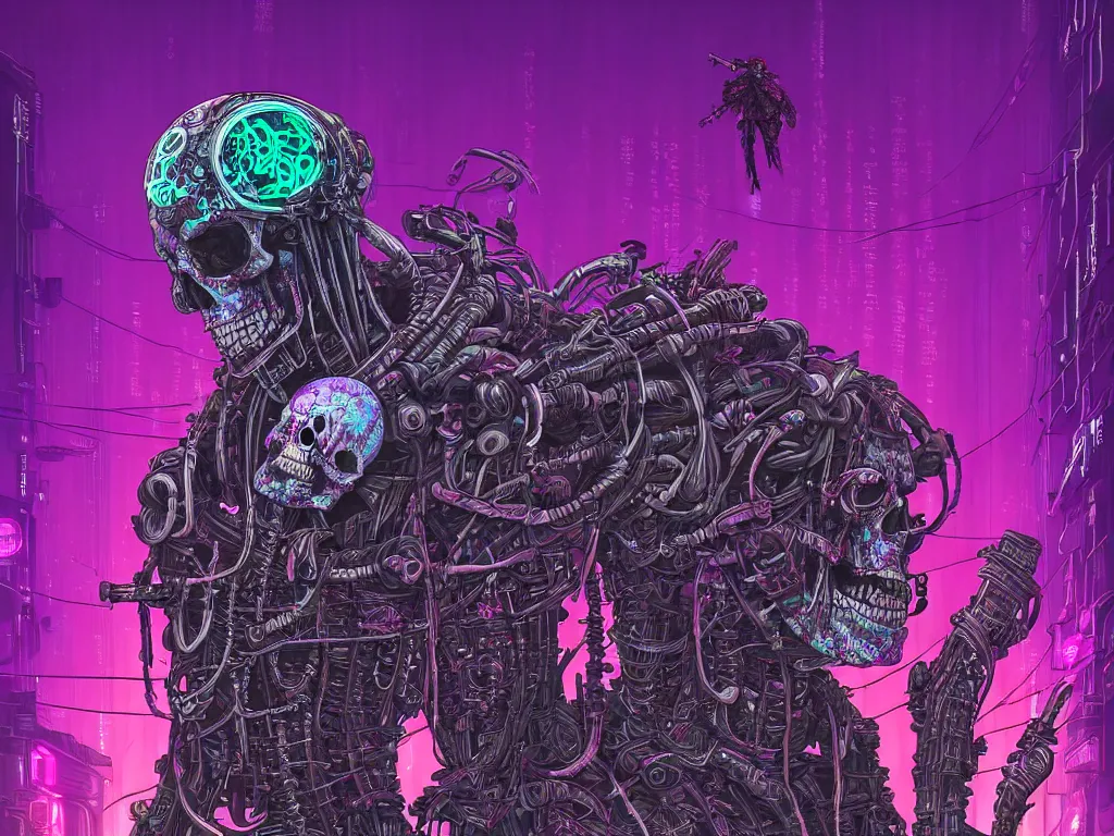 Prompt: high detailed lone dead android skull samurai with plants growing around the neck in a cyberpunk rainy city at night by Josan Gonzalez, purple and pink and blue neons, unreal engine, high quality, 4K, UHD, trending on ArtStation, wires, blade runner vibes, ghost in the shell, akira, dorohedoro