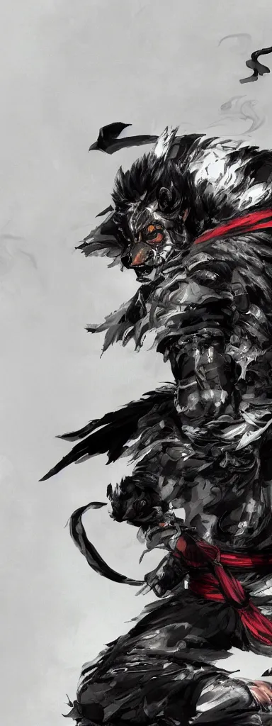 Image similar to Concept art of a dog in samurai armor, surrounded by black smoke, smoky, full body wuxia, Wudang Swordmanship by Chen Uen, art by Yoji Shinkawa, 4k