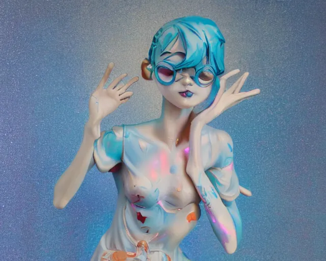 Image similar to James Jean isolated cheerful tomboy vinyl figure, enticing figure photography, dynamic pose, artistic and delicate form, holographic undertones, glitter accents on figure, anime stylized, accurate proportions, high detail, ethereal lighting - H 640